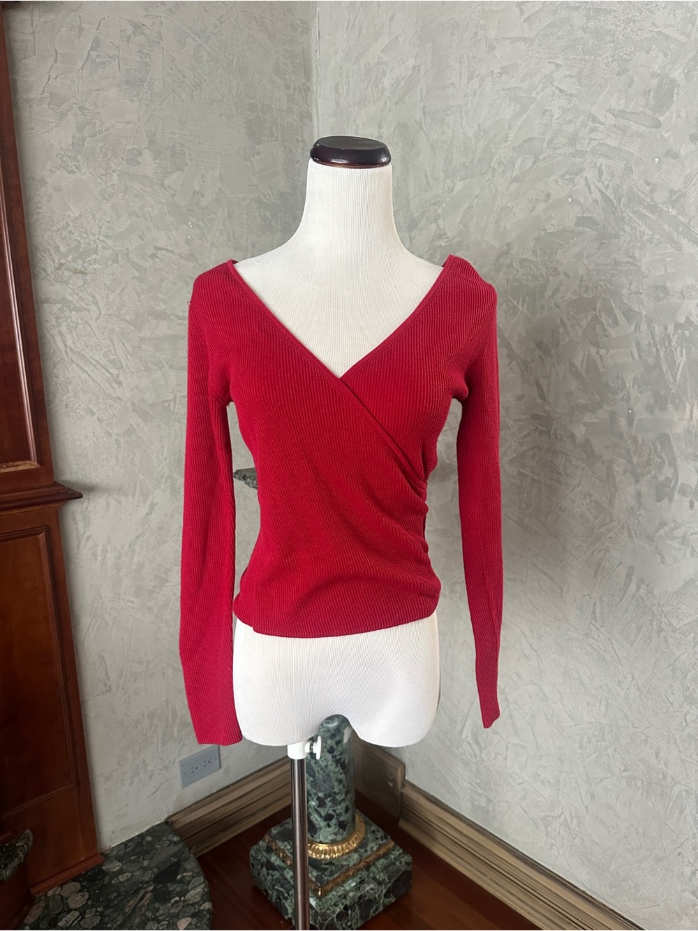 Leith Red Wrap V-Neck Long Sleeve Sweater